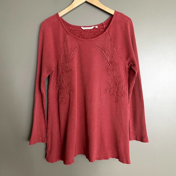 Soft Surroundings Camden Thermal Long Sleeve Top Size Small Embroidered Rust Red - Picture 2 of 13
